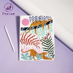 May include: A rectangular notebook with a white cover featuring a colorful illustration of two leopards, one resting on a dark blue branch and one walking below, surrounded by red, green, and pink tropical foliage and a solid pink circle.