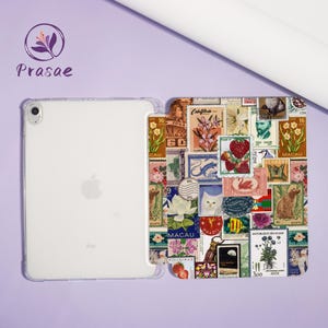 May include: Clear iPad case with a collage of vintage postage stamps. The stamps feature various designs, including flowers, animals, and portraits. The case has the word "Prasae" printed on it.