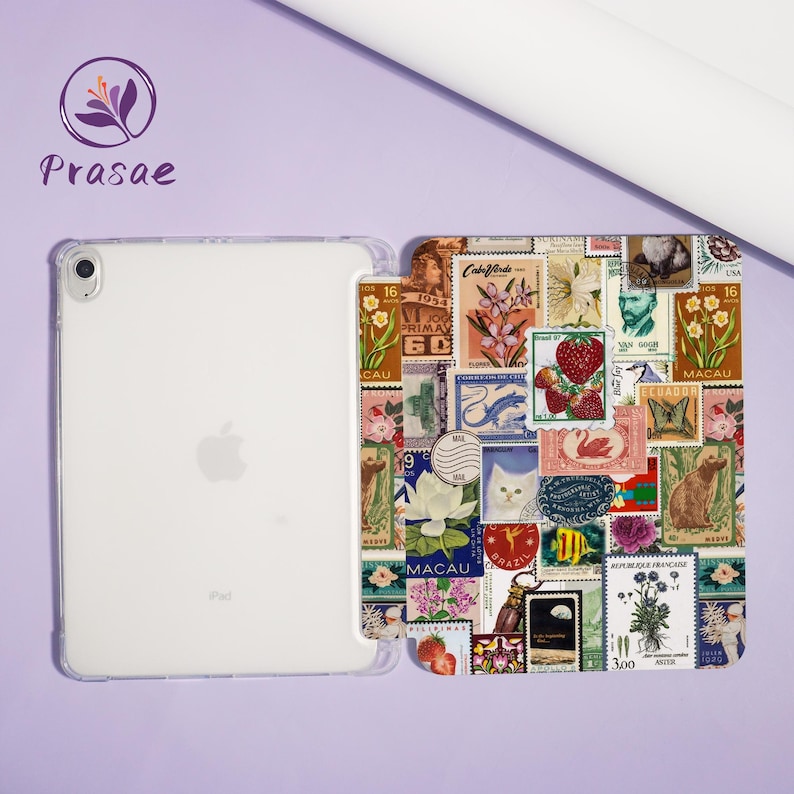 May include: Clear iPad case with a collage of vintage postage stamps. The stamps feature various designs, including flowers, animals, and portraits. The case has the word "Prasae" printed on it.