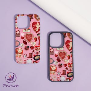 May include: Two pink phone cases with a Valentine's Day theme. The cases feature a collage of hearts, cherubs, strawberries, cakes, and the text "To my Valentine." The cases have a black border and a purple background.