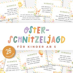 Puede incluir: Un conjunto colorido de 26 pistas de búsqueda de huevos de Pascua para niños de 5 años en adelante. Las pistas están impresas en tarjetas coloridas con ilustraciones de conejos, huevos y otras imágenes con temática de Pascua. Las tarjetas están tituladas "Oster-Schnitzeljagd", que se traduce como "Búsqueda del tesoro de Pascua".