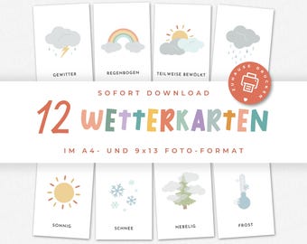 Mapas meteorológicos para crianças | 12 flashcards Alemão | Mapas meteorológicos círculo matinal pré-escola | Clima para escolas primárias e jardins de infância | Para impressão
