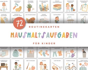 May include: A set of 72 colorful illustrated cards with German text, designed to help children learn household chores. The cards feature various tasks like helping with laundry, cleaning, and gardening.