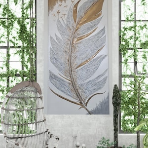 Original handmade textured acrylic painting modern gold and silver bird feather, home wall art decoration