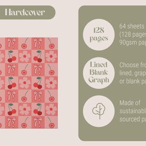 Product infographic for the hardcover notebook. Includes a cherry-themed notebook design and highlights: 128 pages, 90gsm paper, and options for lined, blank, or graph pages, made from sustainable paper.