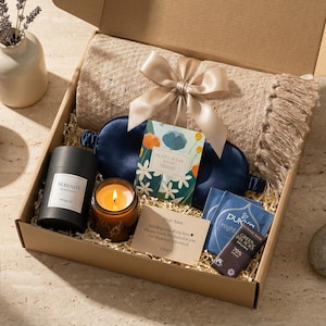 Blanket Gift Box with Soft Cotton Throw, Sleep Eye Mask, Soy Candle, Chocolate & Tea