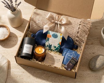 Blanket Gift Box with Soft Cotton Throw, Sleep Eye Mask, Soy Candle, Chocolate & Tea