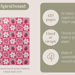 Product infographic for the spiral-bound notebook. Features a raspberry and flower cover design with highlights: 120 pages, 90gsm paper, options for lined or graph pages, and a black back cover.