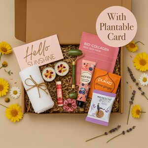 Coffret cadeau Soins personnels Sunshine - Coffret boîte aux lettres Cheer Up avec carte à planter, tisane, bougie, rouleau de jade et plus | Juste parce que cadeau pour elle