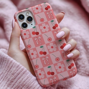 Rosa Kirschen und Bögen Handy Hülle Niedliche Kirsche und Herzen iPhone Google Fall Handy Hülle Geschenk für Her Samsung Kawaii Cute Girly Y2K Ästhetik