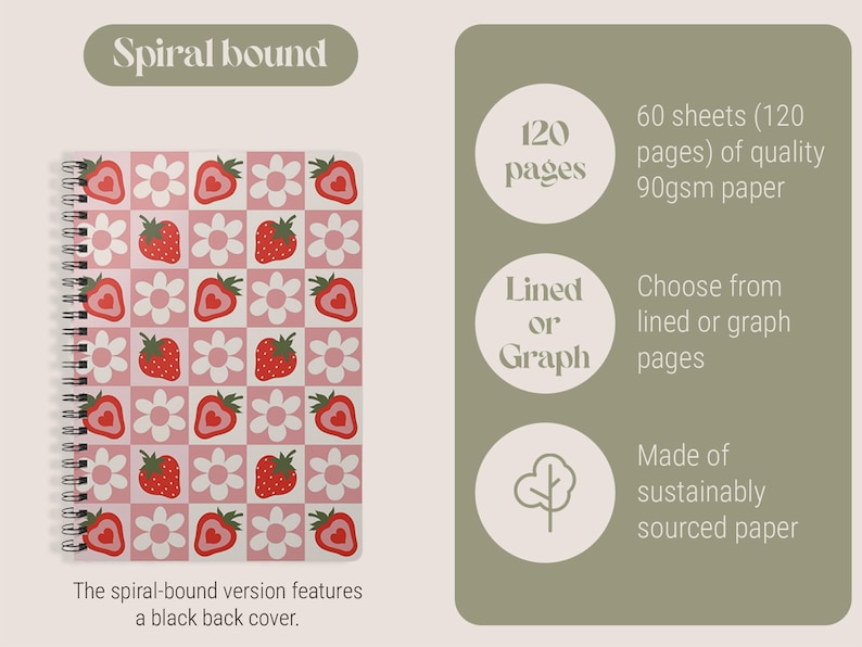 Customizable Berry Cute Notebook, Aesthetic School Journal Strawberry Spiral