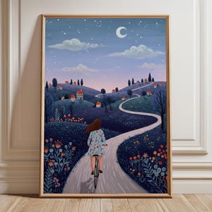 Skurril Nacht Landschaft Wand Kunst Verträumtes Mädchen auf Fahrrad Print Boho ästhethik Wohnkultur gemütliches Schlafzimmer Illustration Poster