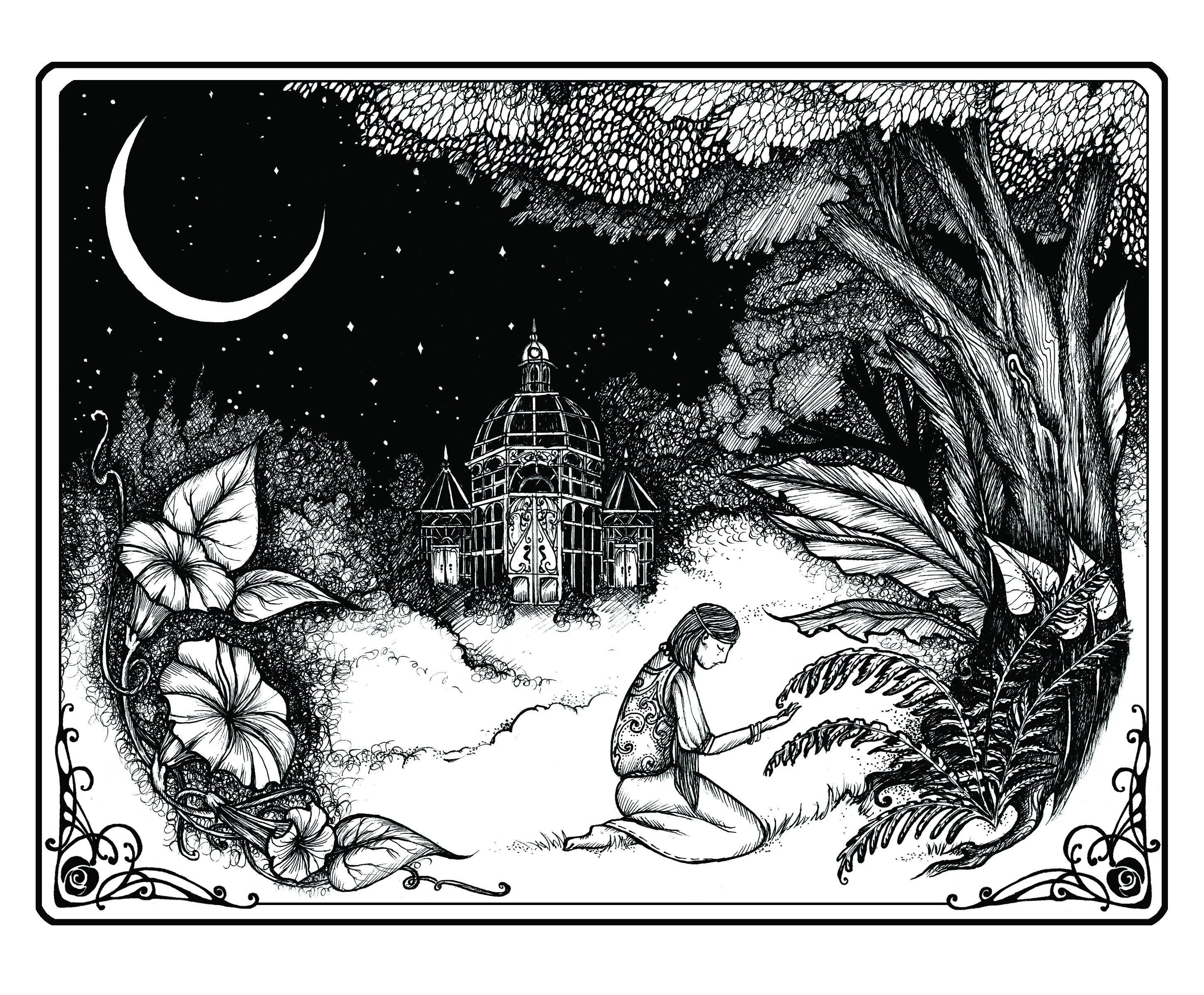 Moonlit Night Garden Art Nouveau Fairytale illustration (unframed print)