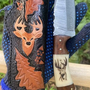 Handmade Damascus Steel Hunting Skinning Knife , Camping knife With Sheath