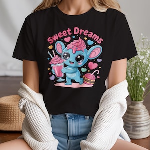 Uroczy T-shirt z nadrukiem Stitch Eating Ice Cream, zabawna i słodka koszulka graficzna, idealny prezent dla miłośników kreskówek i kawaii