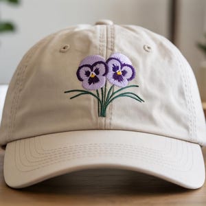 Pansy Flower Embroidered Baseball Cap, Floral Theme Wash Cotton Baseball Hat, Summer Sun Hat Black