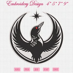 May include: Black and white embroidery design featuring a bird with outstretched wings, red eyes, and a star above. The design is circular, with the text "Embroidery Design 4" 5" 7" 9"" at the top. Below are file type abbreviations.