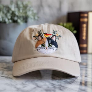 Crazy Hair Cat and Bird on Top – Cute & Funny Thin Thread Embroidery Hat, More Colours