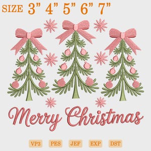 May include: Embroidered Christmas tree design with pink bows, ornaments, and snowflakes. The text "Merry Christmas" is displayed in a cursive font. Sizes range from 3" to 7" in height. Includes VP3, PES, JEF, EXP, and DST file formats.