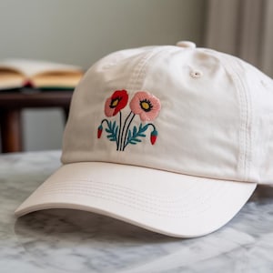 Red Poppy Flower Embroidered Baseball Cap, Cotton Curve Brim Summer Hat More Colours