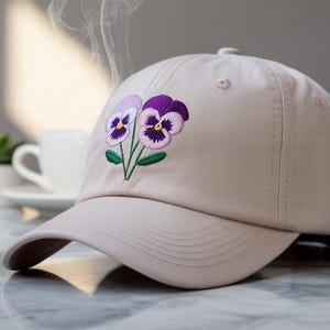 Pansy Flower Embroidered Baseball Cap, Floral Theme Wash Cotton Baseball Hat, Summer Sun Hat Black
