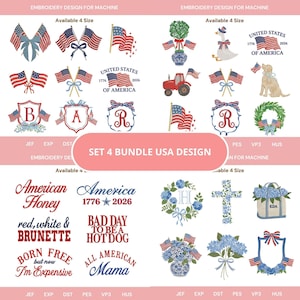 May include: A collection of embroidery designs with patriotic themes. Designs include American flags, floral arrangements, and text such as "American Honey" and "Bad Day to be a Hot Dog." The designs are available in four sizes.