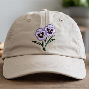Pansy Flower Embroidered Baseball Cap, Floral Theme Wash Cotton Baseball Hat, Summer Sun Hat Black