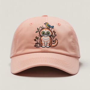Crazy Hair Cat and Bird on Top – Cute & Funny Thin Thread Embroidery Hat, More Colours