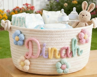 Cesto fatto a mano personalizzato • Regalo di Natale • Regalo per neonati • Regalo per baby shower • Organizzatore di giocattoli • Cesto per neonati • Lavoro a maglia con cordino a I