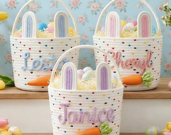 Cestino di Pasqua personalizzato, regalo di Pasqua per bambini, cestino con nome personalizzato per bambini, cestino regalo per la caccia alle uova di Pasqua, cestino per bambini in corda di cotone, cestino a forma di coniglietto