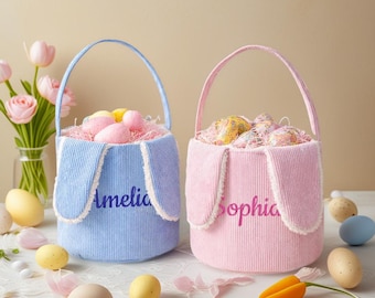 Cestino pasquale in velluto a coste personalizzato, cestino pasquale con coniglietto ricamato, cestino per bambini con coniglietto e nome, regalo di Pasqua per bambini, cestino per la caccia alle uova di Pasqua