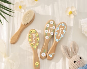 Spazzola per capelli personalizzata con fiori di nascita, spazzola personalizzata per neonati, ricordo del battesimo, spazzola per capelli per damigelle d'onore, regalo per il battesimo, regalo per la damigella d'onore