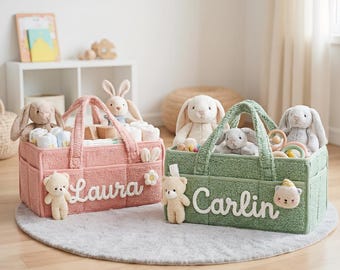Cestino portaoggetti personalizzato per neonati, contenitore per pannolini con nome personalizzato, organizer per giocattoli per neonati in corda di cotone fatta a mano, grazioso organizer per la cameretta con orsetto, neonato