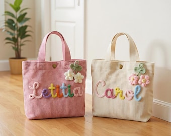 Borsa tote in velluto a coste personalizzata per bambini, borsetta con nome personalizzato, borsetta per bambini piccoli, borsa per asilo nido o scuola materna, regalo di compleanno per bambine, regalo per bambini