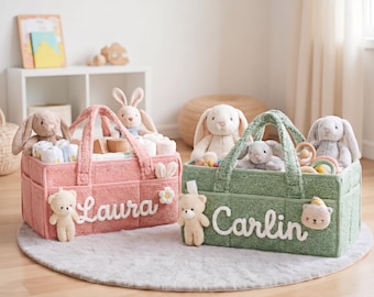 Gepersonaliseerde baby-opbergmand, aangepaste naam luiercaddy, handgemaakte katoenen touw baby speelgoed organisator, leuke organisator kinderkamer met beer, baby