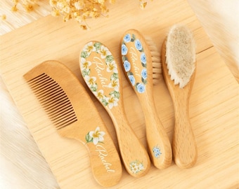 Personalized Wooden Baby Hairbrush Set, Keepsake for Girl or Boy, Custom Baby Birthday Gift, Wooden Hair Brush and Comb for Newborn Gifts