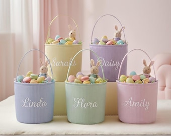 Cestino pasquale in seersucker personalizzato, cestino pasquale per bambini con nome ricamato, secchiello per la caccia alle uova di Pasqua personalizzato, cestino per bambini e bambine, primo regalo di Pasqua per neonati