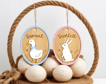 Custom Easter Name Tag, Personalized Easter Basket Tag, Bunny with Bow or Goose,  Laser Engraved Keepsake,Stacked Maple Wood and Acrylic,