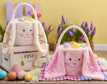 Cestino pasquale di peluche ricamato, cestino pasquale personalizzato, cestino coniglietto per bambini con nome, regalo di Pasqua per bambini, cestino per la caccia alle uova di Pasqua, secchiello pasquale
