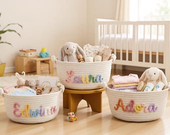 Personalisierter handgemachter Korb, handgemachter Baby-Geschenkkorb, Aufbewahrungskorb, Neugeborenengeschenk, kundenspezifisches Babygeschenk, kundenspezifisches Kinderzimmergeschenk, Spielzeug-Organisator