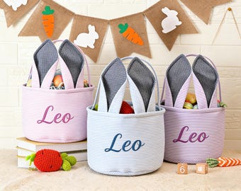 Cestino pasquale personalizzato con nome ricamato, cestino per bambini in seersucker, cestino per la caccia alle uova, regalo di Pasqua per bambino e bambina, cestino per bambino e bambina,
