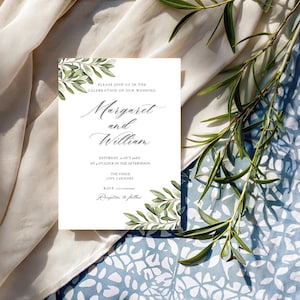 Modelo de convite de casamento com folhagens: folhas de oliveira, design minimalista (download digital, modelo Canva, 5x7")