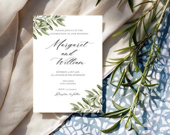Plantilla de invitación de boda con motivos vegetales: hojas de olivo, diseño minimalista (descarga digital, plantilla de Canva, 5x7")