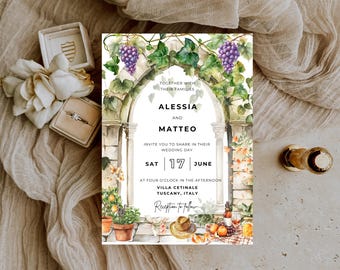 Tuscany Wedding Invitation: Italian Oranges and Grapes Design (Canva template)