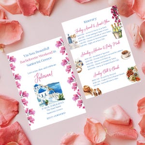 Invitación de despedida de soltera en Santorini: Buganvillas (Plantilla Canva de 5x7)