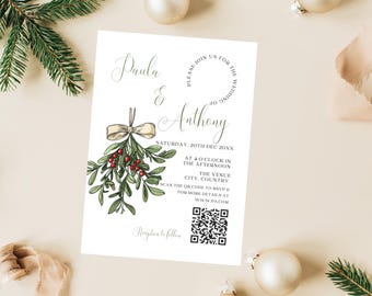 May include: A white wedding invitation with the names "Paula & Anthony" in elegant script. The invitation includes a mistletoe illustration with red berries and a QR code for RSVP. The text reads "Saturday, 20th Dec 20XX" and "Reception to follow."