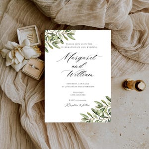 Plantilla de invitación de boda con vegetación/Invitación de boda minimalista con temática de oliva/Plantilla de Canva/Descarga digital