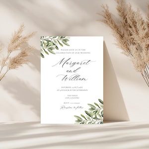 Greenery Wedding Invitation Template: Olive Leaves, Minimalist Design (Digital Download, Canva Template, 5x7")