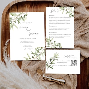 Könnte beinhalten: Hochzeitseinladung mit Illustrationen von Olivenzweigen. Die Einladung ist für die Hochzeit von Avery und Gimon am Samstag, den 16. Oktober um 14:00 Uhr. Der Veranstaltungsort ist The Venue, City, Country. Die Einladung enthält Details zur Rezeption, zum Transport und zur Unterkunft. Ein QR-Code ist für die RSVP enthalten.