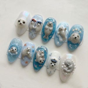 Cute Seal Press On Nails | 3D Ocean Animal Nail Art | Kawaii Blue Marine Nails | Handmade Cute Nail Set image 2
